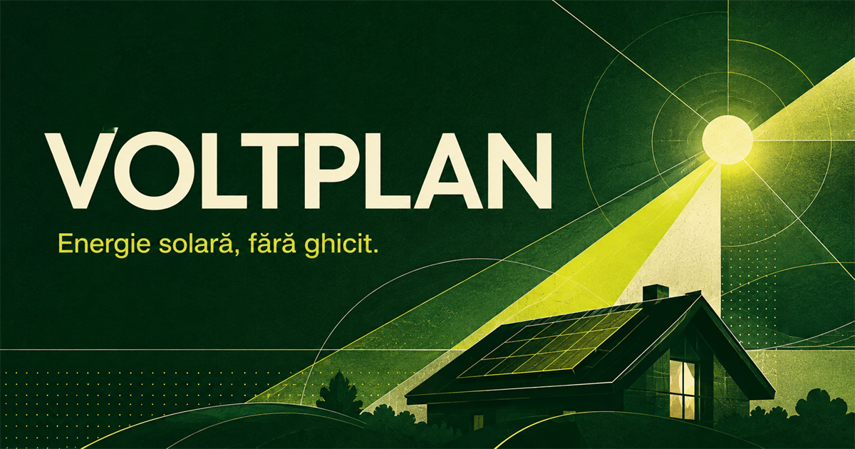 Concept grafic VoltPlan: lumină solară orientată către o locuință cu panouri fotovoltaice
